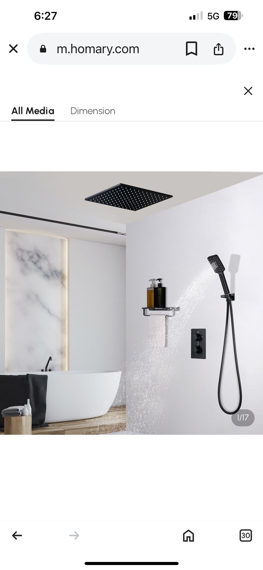 16" Thermostatic Shower System With Handheld Shower In Matte Black Solid Brass sh36