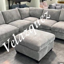 ✅️✅️ 4pc  for grey corduroy fabric upholstered sectional sofa with ottoman ✅️✅️