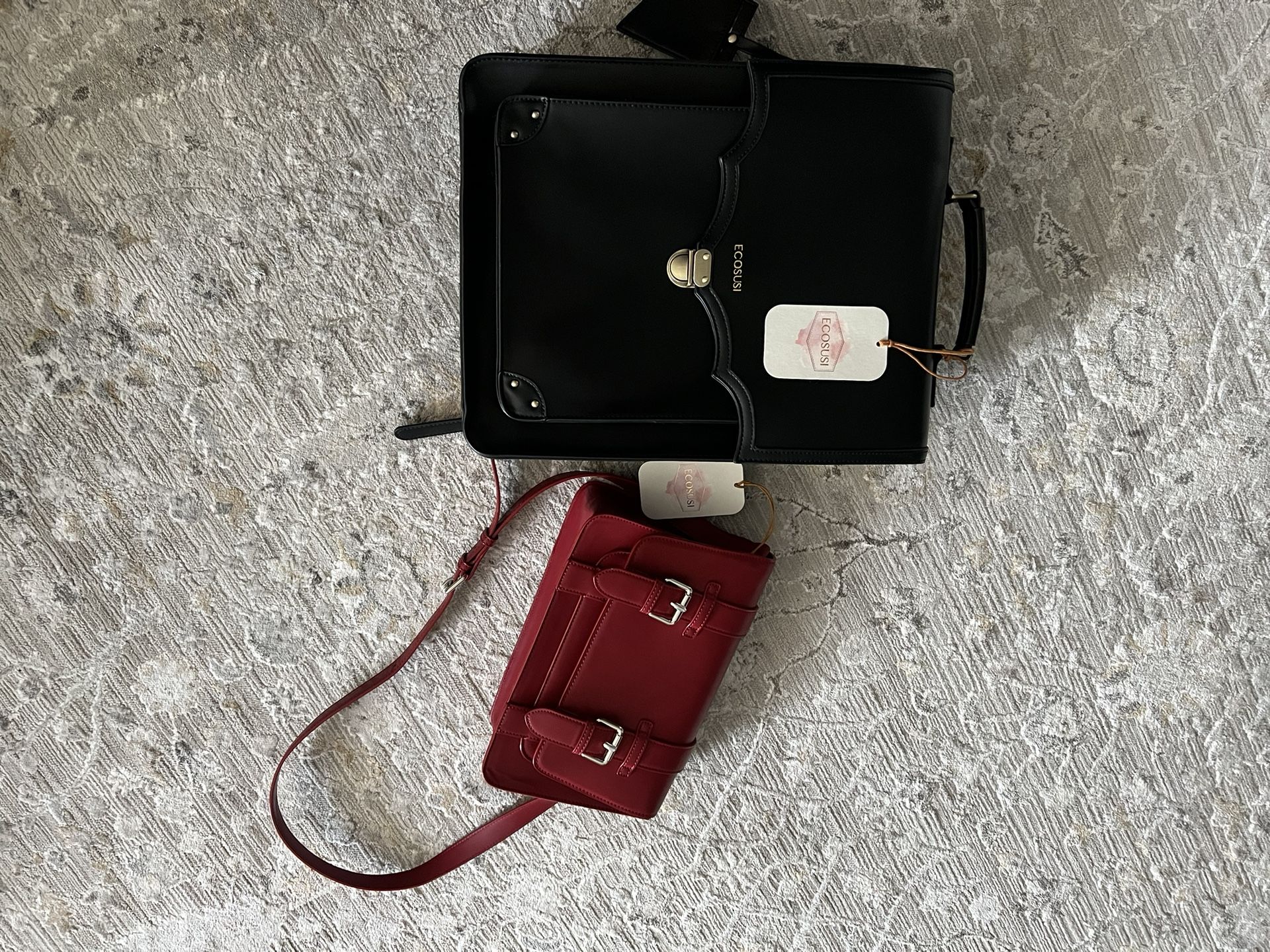 Red Leather Purse And Black Leather Backpack