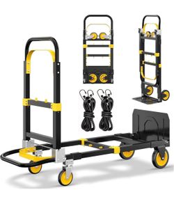 Upgraded 600lbs Upgraded 3 in 1 Folding Hand Truck for 4-Wheel Mode, Convertible Hand Truck Dolly with Non-Slip Handle & Wheels, Dolly Heavy Duty for