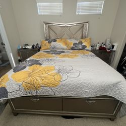 LED Dark Champagne Queen bed with Storage Set 