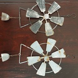 Two Vintage Hanging Metal Windmill Chimes,With Patina