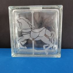 Vintage Clear Glass Block Coin Bank w Carousel Horse 