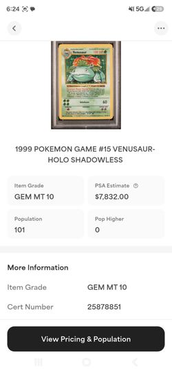 1999 Pokemon Venusaur Holo Shadowless PSA 10