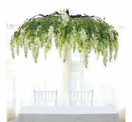 Cream Artificial Silk Wisteria Vine Round Hanging Canopy, Draping Garland Flower Chandelier With Interchangeable Branches 55"