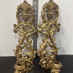 Set of 2 Gold Burwood Hollywood Regency Style Wall Sconce Candle Holders #D10