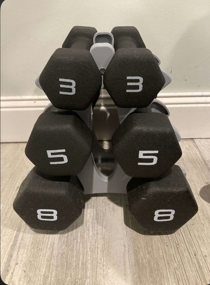 Brand New Set - 3 Pairs Of Neoprene Dumbbells With Rack
