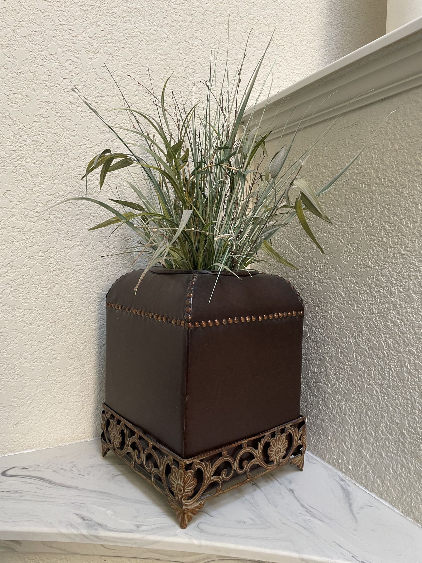Leather Vase With Artificial Plant
