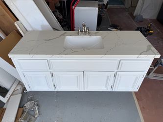 White Bathroom Vanity with Marble-Look Countertop