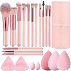 14 Pcs Small Travel Makeup Brush Set Portable Pink Make up Brushes with Case,5 Pcs Makeup Sponge,Valentine's Day Gift,Mother's Day Gift for Foundation