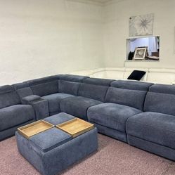 Furniture- 6 Pc Fabric modular Sectional With 3 Power Recliner- Nevio