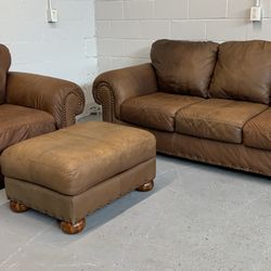 3 Piece Genuine Leather Sofa / Couch / Arm Chair / Ottoman Brown By Ashley Furniture