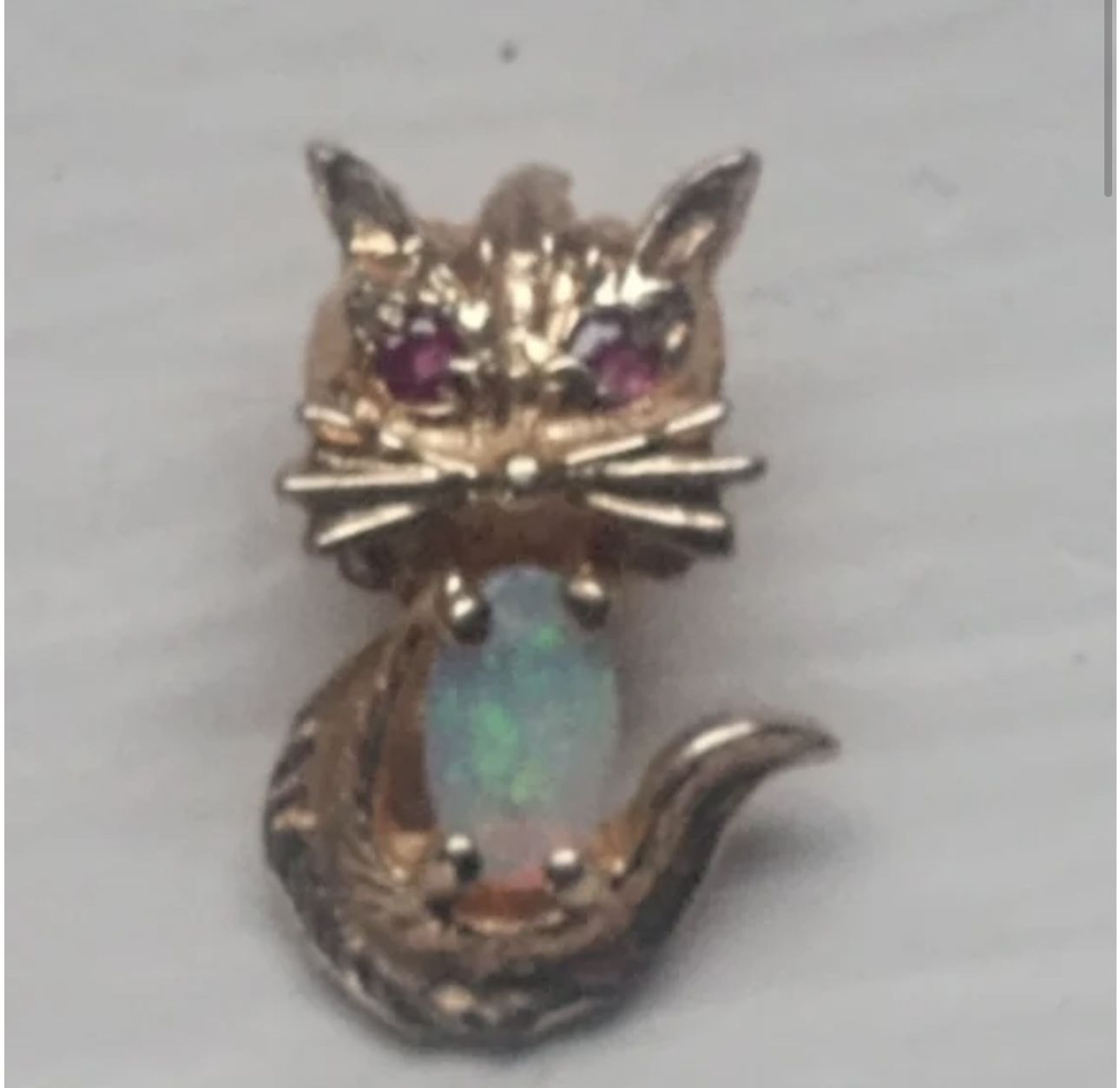 14k Small Cat Pendant With Natural Rubies And Topaz