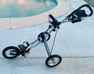Super Nice original rare Sun mountain speed Cart -3 wheel golf Push cart w good inflatable tires & aluminum spoke wheels ,brake, like new one