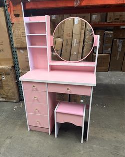 Small Pink Makeup Vanity Set With Stool