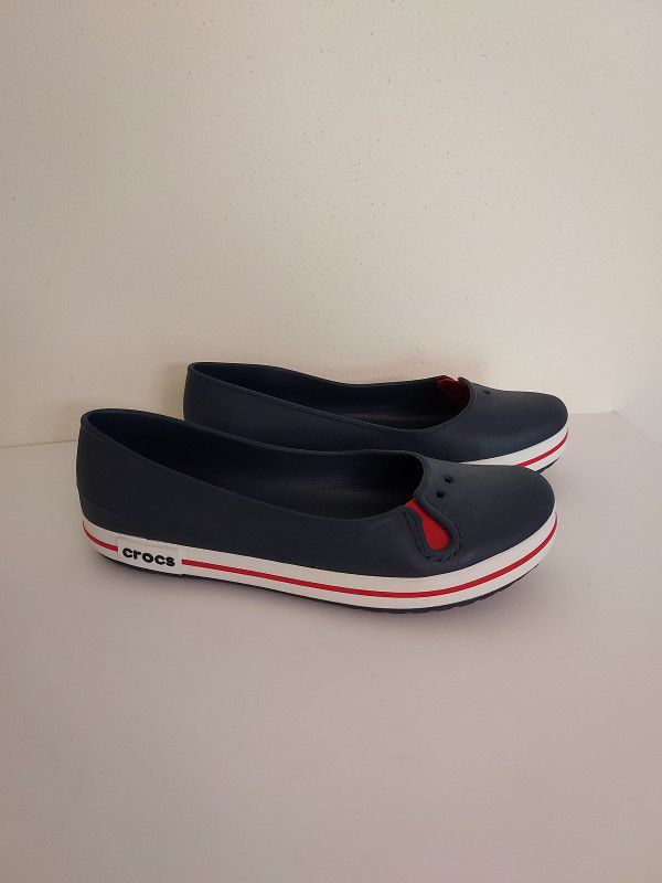 Crocs Womens Size 6 Ballet Shoes Slip On Blue With White Red Stripe