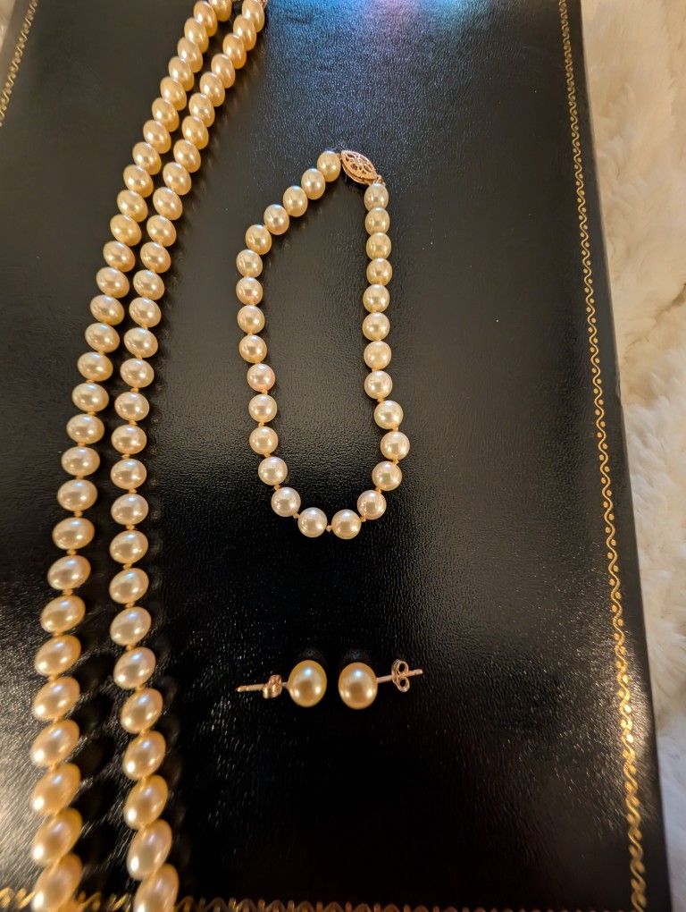 14K YELLOW GOLD PEARL NECKLACE BRACELET EARRING SET