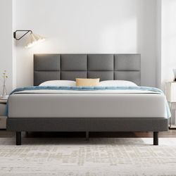 0547 Queen Bed Frame,GELBIY Queen Size Platform Bed With Fabric Upholstered Headboard, Dark Grey,Easy Assembly