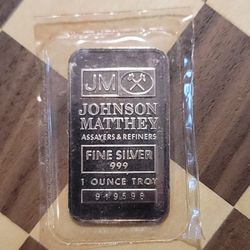 Johnson Matthey One Troy Ounce  .999 Fine Silver Bar 
