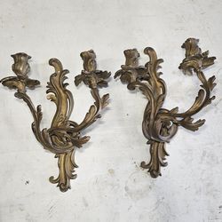 Pair Very Large French gilt bronze antique Louis xv 2 branch candle sconces, lights 19th century


