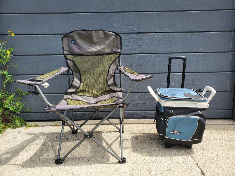 Camping Chair And Maxcold Rolling Cooler 