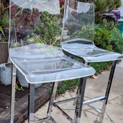 2) Acrylic Barstools Modern Barstool Pair Chrome & Lucite Like Stool Chairs Bar height Clear Postmodern 80s 90s Retro Ghost Chair Set 