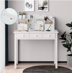 ADORNEVE Writing Desk with USB Port, Home Office Desk with Drawers and Hutch, 36.2" ,White
