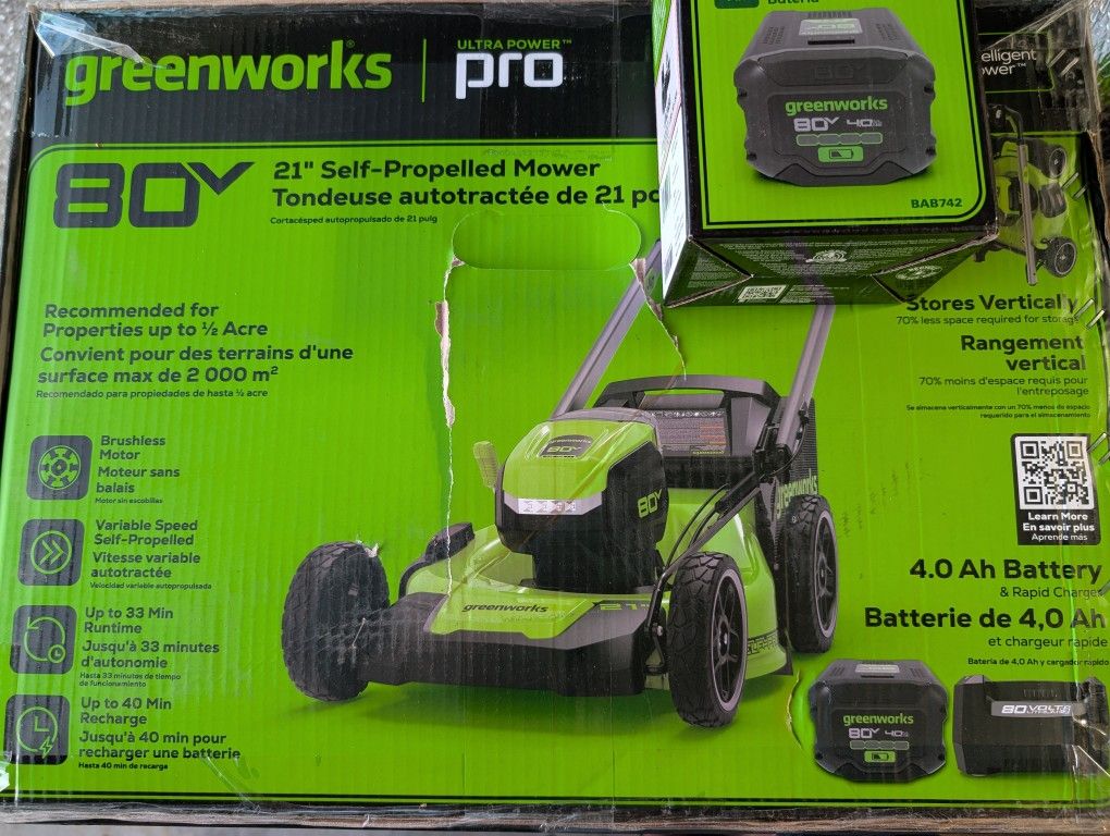 Greenworks 80V 21" Self-Propelled Cordless Lawn Mower – Brushless Motor, LED Lights, 4.0Ah Battery & Rapid Charger + Extra 4.0Ah Battery