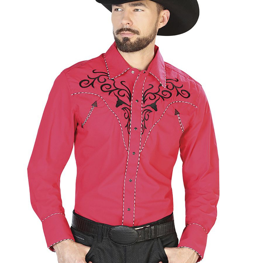 Red And Black Men's Western Shirt With Bull- Camisa Vaquera Con Toro Marca El General