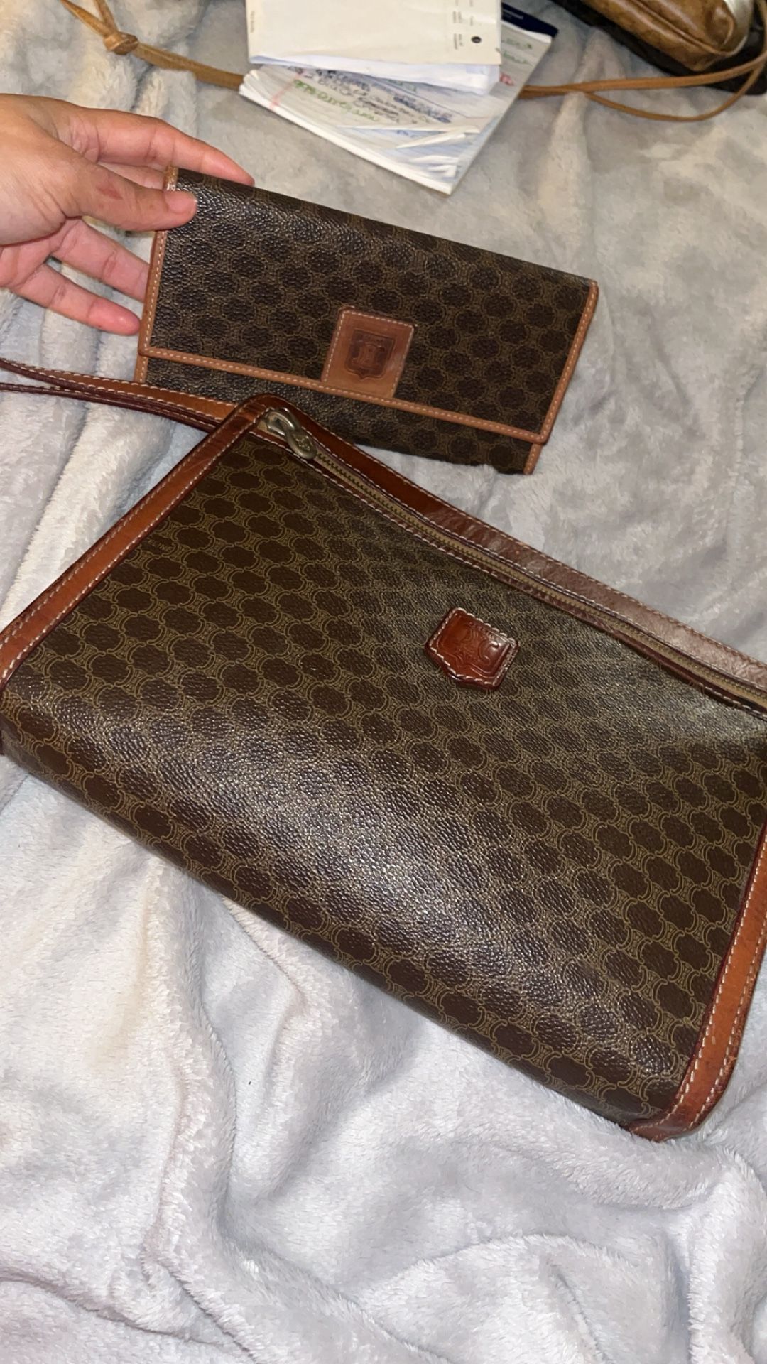 Vintage Celine Macadam Clutch Bag Brown PVC and matching wallet