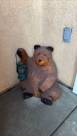 Carved Wood Bear Statue with Lantern