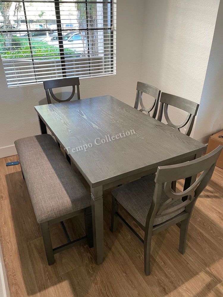 6 pcs dining set-Table + 4 Chairs+Bench, Gray Color, SKU#10F2563