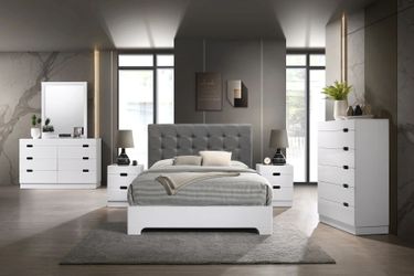 Bedroom set 4 pc White High Gloss finish, Grey Fabric upholstery, New Especial price 