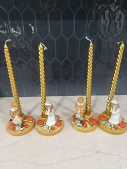 A Rare Find. Vintage Ceramic Thanksgiving Pilgrim Candle Holders - 2 Sets of 2