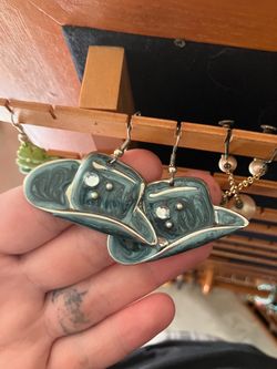 Vintage blue enamel cowboy hat dangle drop earrings