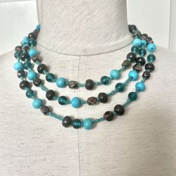 Long Turquoise Tone And Brown Beaded Necklace 