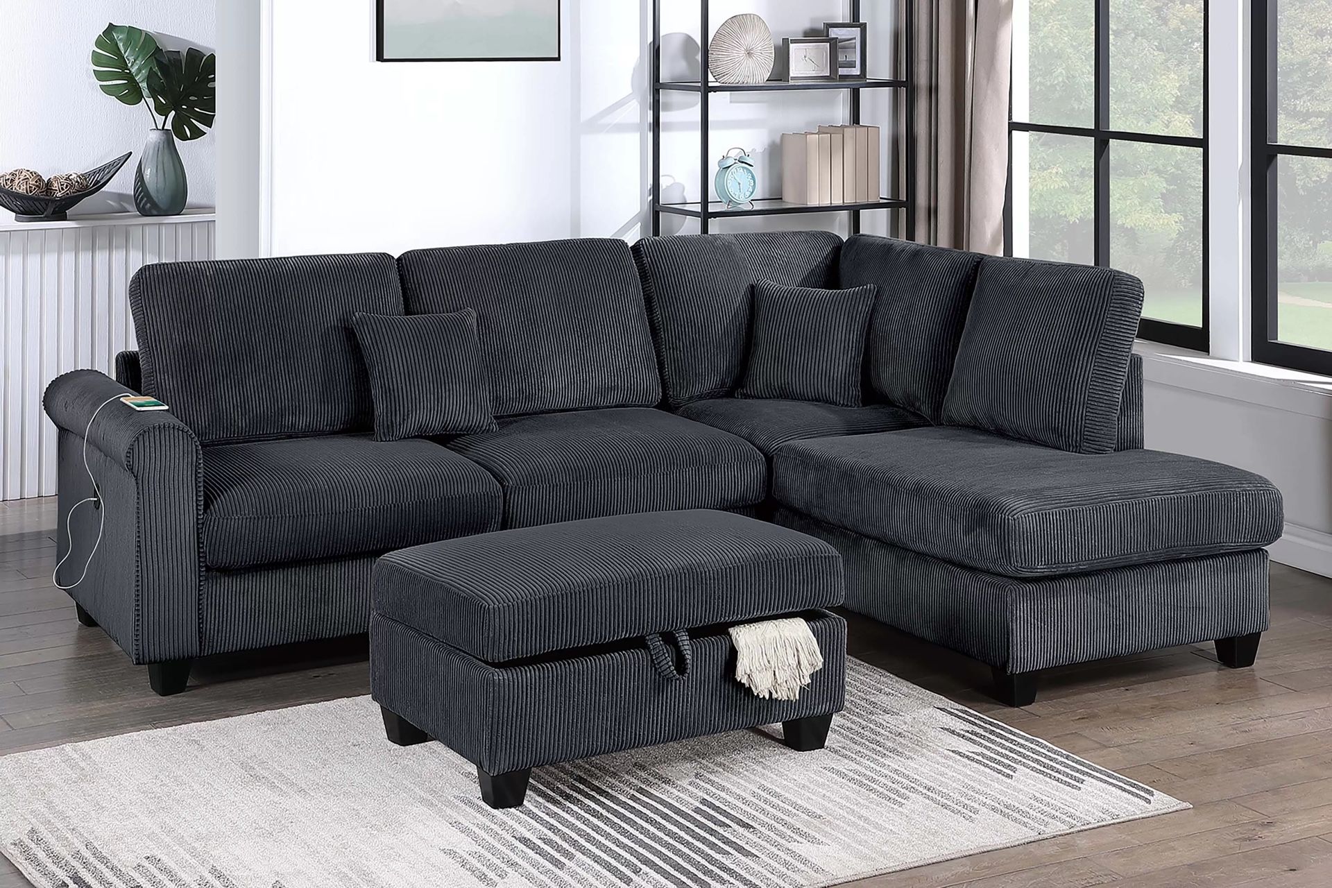 New Black Corduroy Sectional Couch with USB And Storage Ottoman!