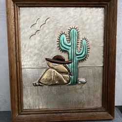 Framed Metal Southwest Desert Cactus Art Piece 