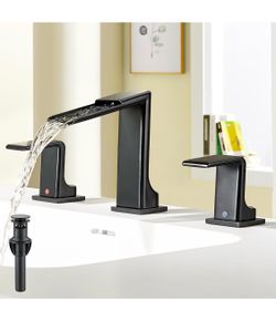 Lead-Free Black Bathroom Faucet 3 Hole - Waterfall 8-Inch Widespread Bathroom Faucet 304 Stainless Steel with Pop Up Drain, 2 Handle Vanity Faucets fo