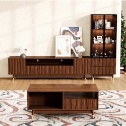 102" Entertainment Center for 55/65/75 inch TV, Included 78.7'' TV Stand, Glass Display Cabinet and Coffee Table, 3-Piece Brown Mid Century Modern Woo