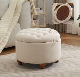 WUTUTUEE 24Inch Round Storage Ottoman with Tray, Modern Tufted Fabric Circle Coffee Table with Storage, Upholstered Ottoman with Removable Top for Liv