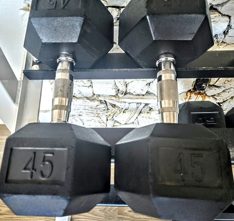 Pair of 45lbs Dumbbells. Always kept Indoors, on rack