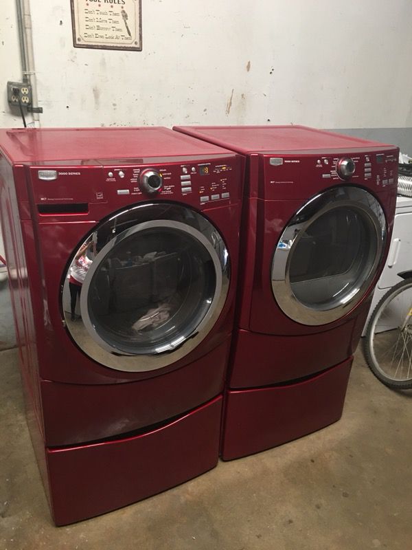 Ruby Red Maytag 3000 Series Washer and Dryer on Pedestals