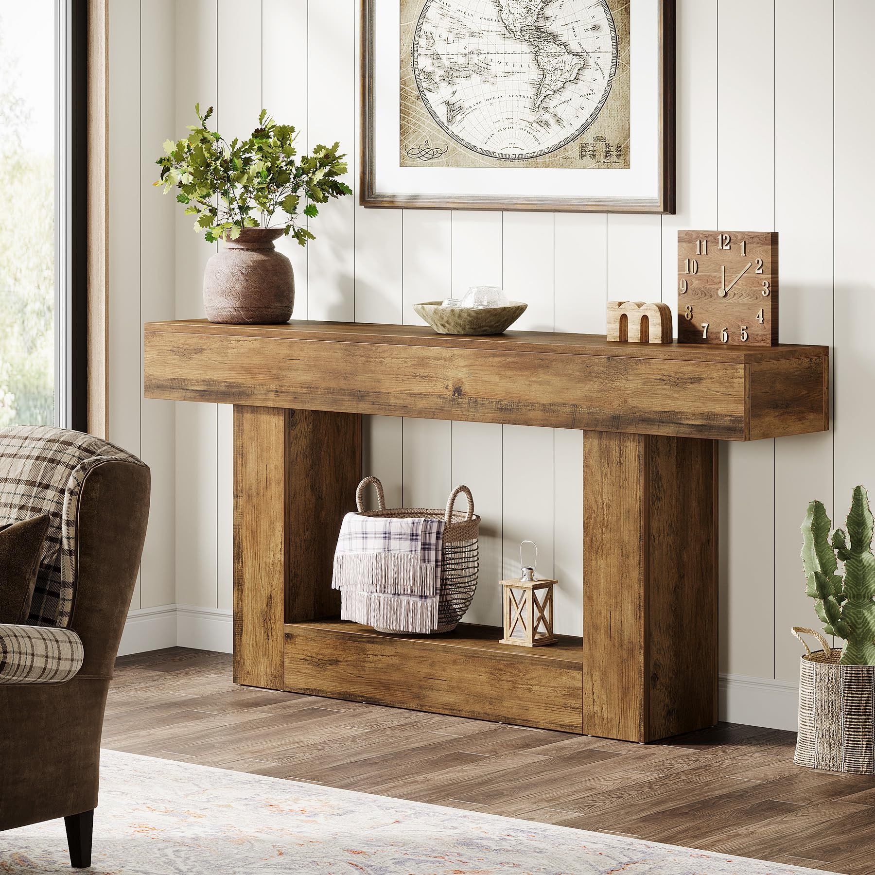 Tribesigns 63" Console Table, Farmhouse 2-Tier Entryway Table with U-Shaped Base, Narrow Long Wood Sofa Table Behind Couch Table for Living Room, Hall