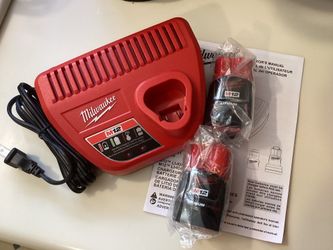 2 Milwaukee M12 12V Lithium-lon 2.0 Ah Batteries With M12 Charger.  Brand NEW.  NUEVO.