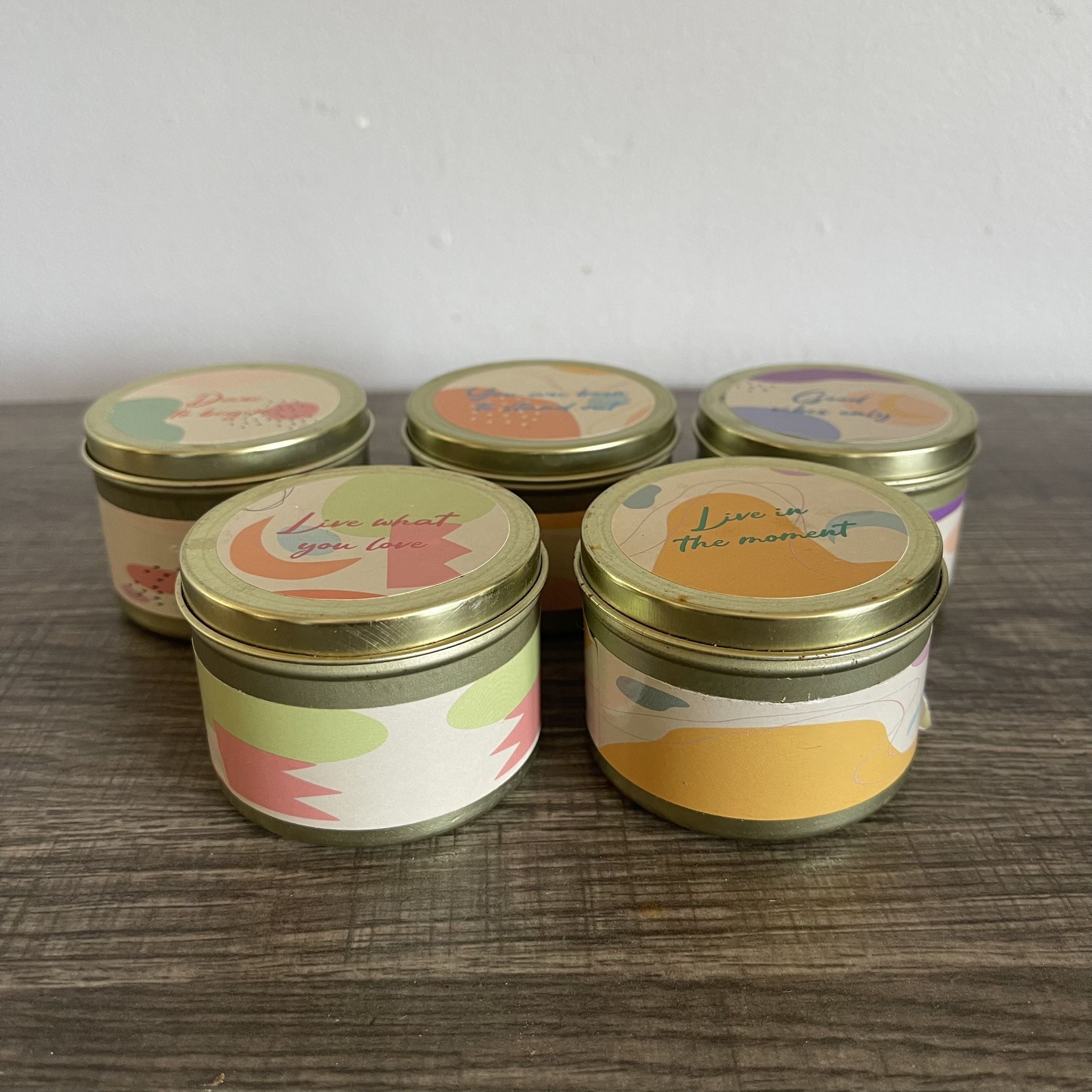 Lot of 5 New Mini Tin Scented Candles with Positive Affirmations, Never Used