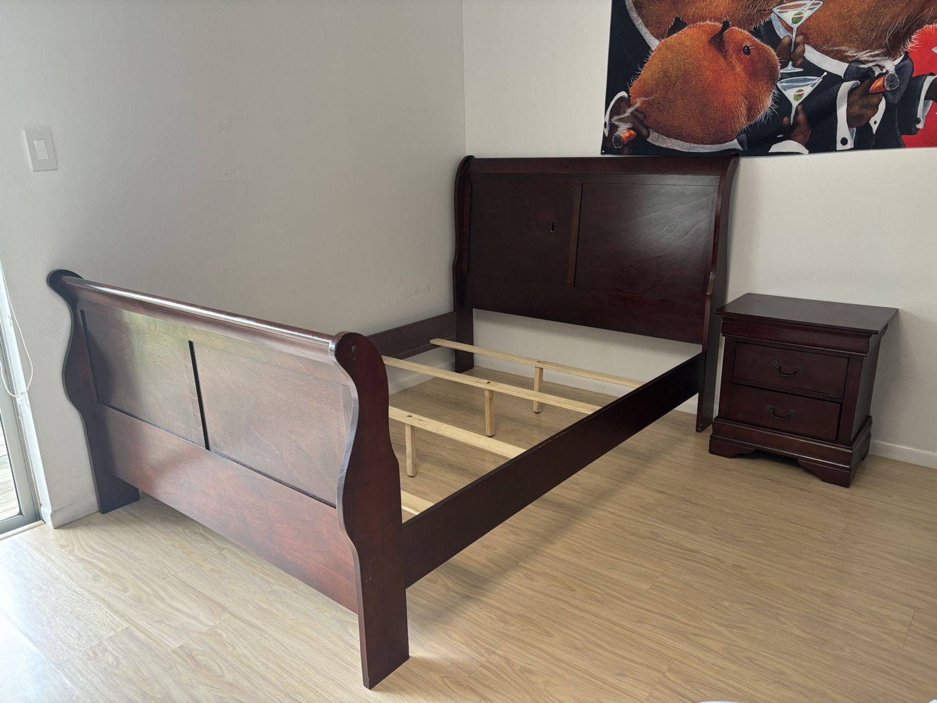 Full Bedroom Set – Full Size Bed Frame, Dresser w/ Mirror, Nightstand – Cherry Wood