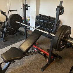 Bench With Squat Rack, Weight Plates, Barbells,  Curl Attachments