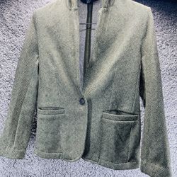 Women’s Lands End Green Classic Herringbone Tweed Wool Blazer Size Small 6/8