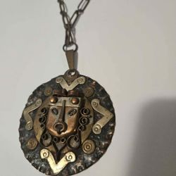 Vintage Diaz Santoyo Mexico Copper Necklace Aztec Face Oversized Pendant Metal